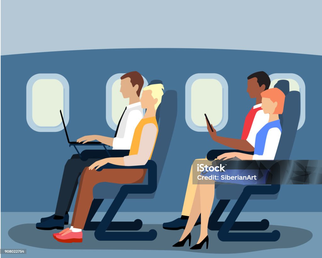 Airline passengers on the plane vector flat illustration Vector illustration of airline passengers on the plane. Flat style design. Airplane stock vector