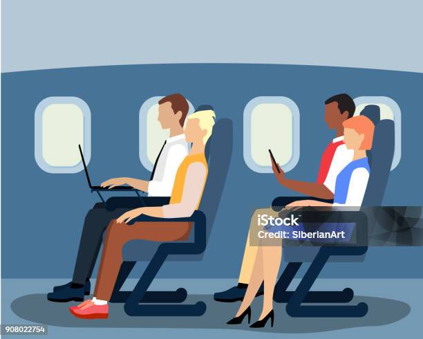 Airline Passengers On The Plane Vector Flat Illustration Stock Illustration - Download Image Now
