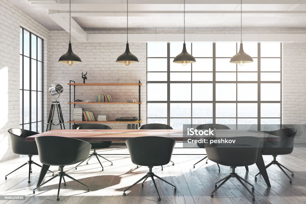 White brick meeting room Modern white brick meeting room interior with equipment and sunlight. 3D Rendering Meeting Room Stock Photo