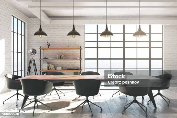 White Brick Meeting Room Stock Photo - Download Image Now - Meeting Room, Office, Modern