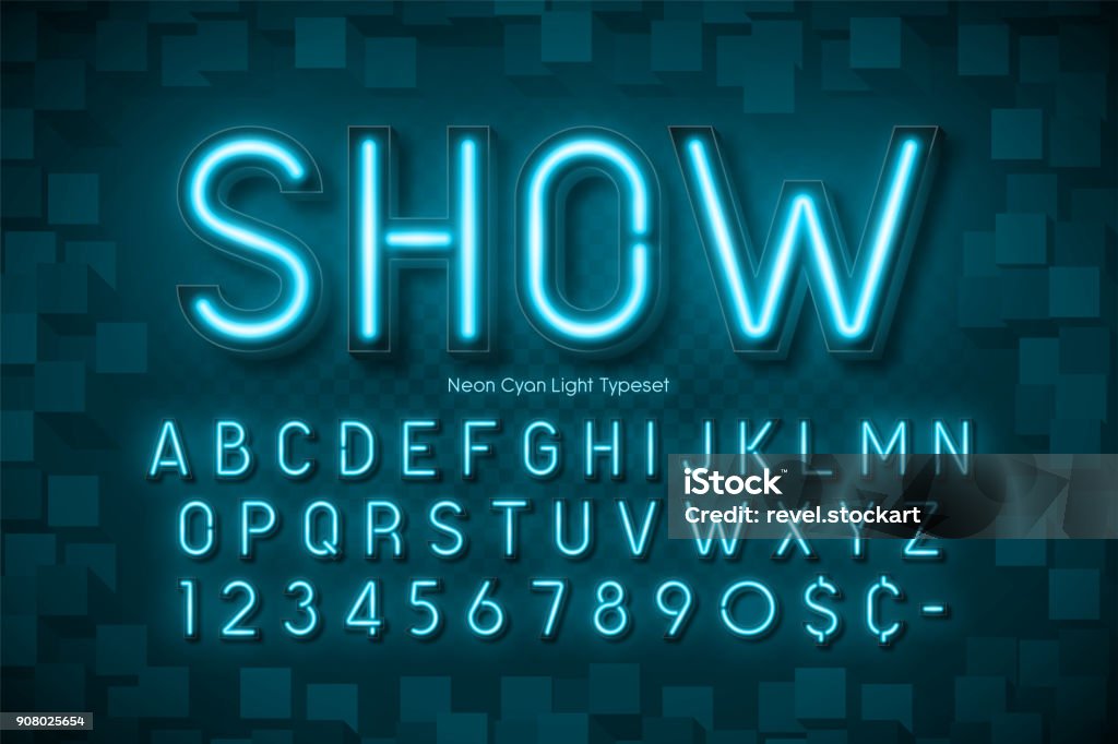 Neon light 3d alphabet, extra glowing font Neon light 3d alphabet, extra glowing font. Exclusive swatch color control. Neon Lighting stock vector