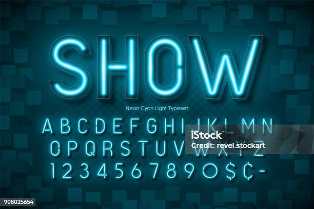 Neon Light 3d Alphabet Extra Glowing Font Stock Illustration - Download Image Now - Neon Lighting, Typescript, Blue