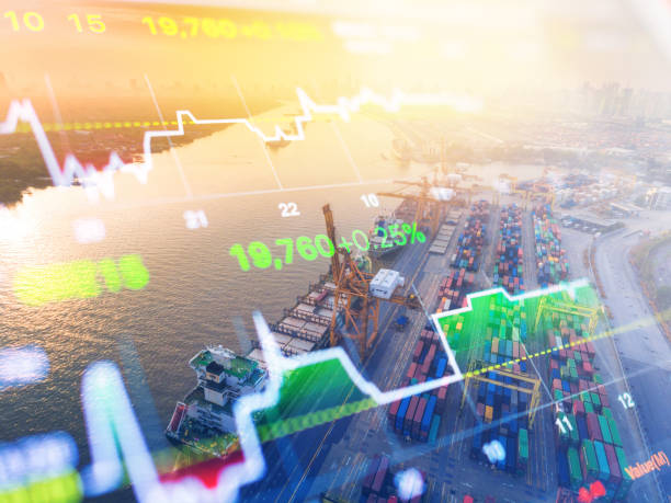 istock Crane cargo market and finance economic background 908027320