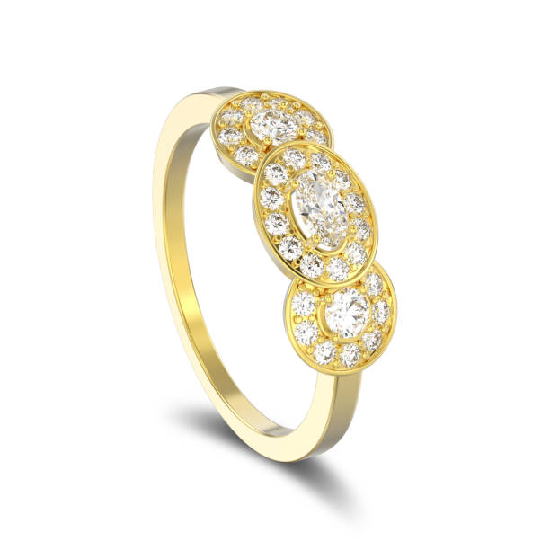 istock 3D illustration isolated yellow gold three stone solitaire engagement ring with shadow 908028538