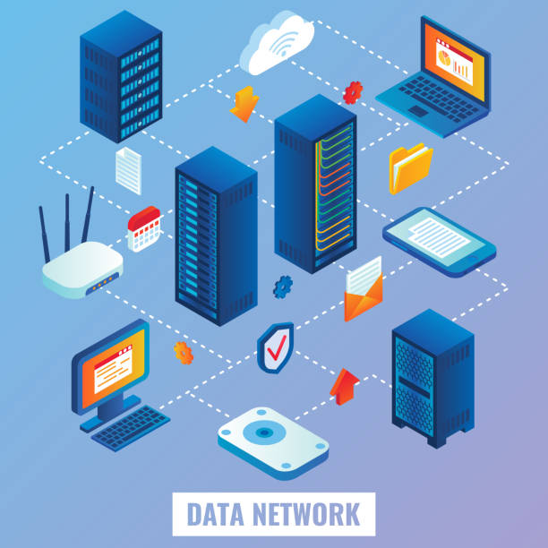 chmura sieci wektor płaski ilustracji izometrycznej - isometric network server computer computer network stock illustrations