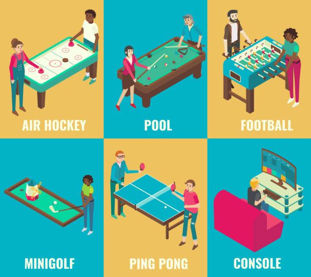 Vector isometric games set Vector isometric games set. Air hockey, pool, football, minigolf, ping pong and console design elements. Table games and video games concepts. ping pong table stock illustrations