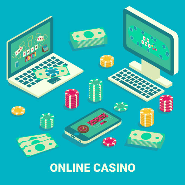 온라인 카지노 개념 벡터 평면 아이소메트릭 그림 - gambling chip gambling internet isolated stock illustrations