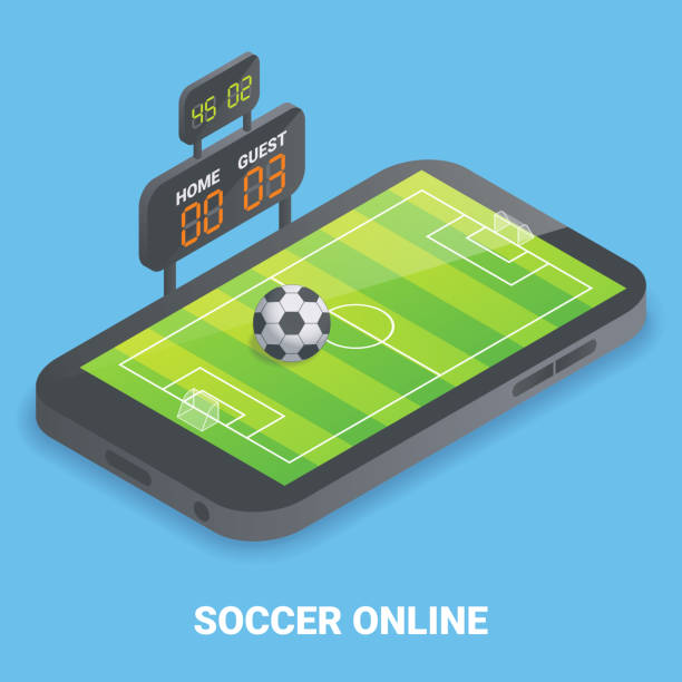 サッカー オンライン概念ベクトル フラット アイソメ図 - mobile phone soccer symbol internet点のイラスト素材／クリップアート素材／マンガ素材／アイコン素材