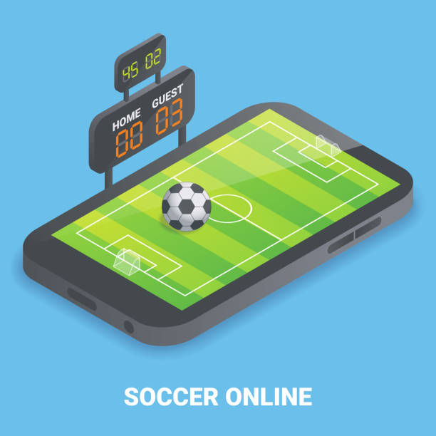 ilustrações, clipart, desenhos animados e ícones de conceito de on-line de futebol vector ilustração plano isométrica - soccer goal net winning