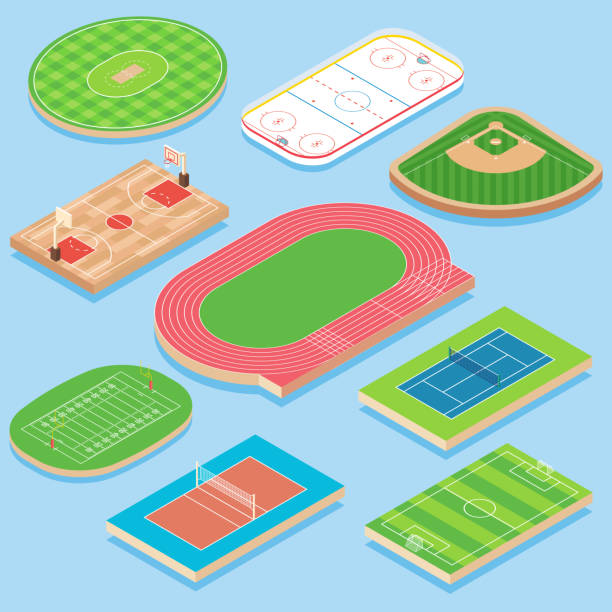 illustrations, cliparts, dessins animés et icônes de terrain de sport vecteur jeu d’icônes plat isométrique - soccer stadium illustrations