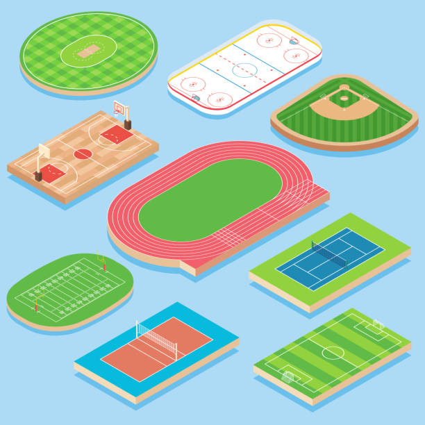 illustrazioni stock, clip art, cartoni animati e icone di tendenza di set di icone isometriche piatte vettoriale di campo sportivo - stadio illustrazioni
