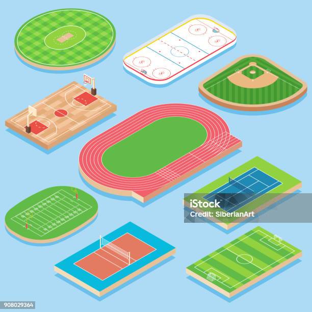 Sport Field Vector Flat Isometric Icon Set Stock Illustration - Download Image Now - Stadium, Isometric Projection, Sports Court