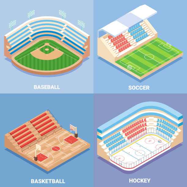 illustrazioni stock, clip art, cartoni animati e icone di tendenza di set di icone isometriche piatte vettoriale dello stadio sportivo - baseballs baseball stadium athlete