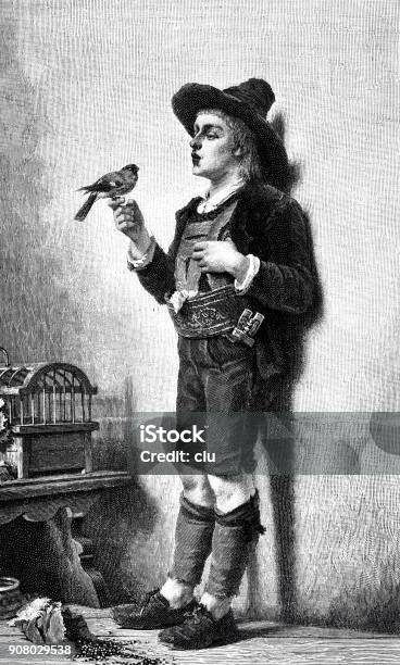 Boy Leaning Against The Wall Holding A Bird On A Forefinger Stock Illustration - Download Image Now