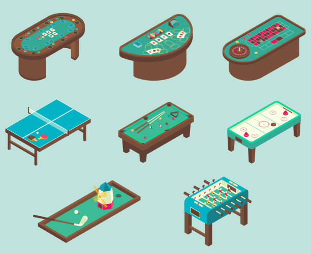 Table game vector flat isometric icon set Table game icon set. Vector isometric illustration of air hockey, pool, football, minigolf, ping pong tables. ping pong table stock illustrations