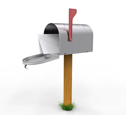 Open mailbox with envelope isolated on white background. 3D illustration. Green grass on stand