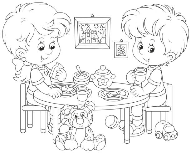Children at breakfast A little girl and a boy sitting at their table and eating porridge and drinking tea in a nursery, a vector illustration in funny cartoon style girl sitting in chair drawing stock illustrations