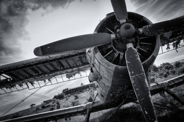 istock Old airplane on field in black and white 908038178
