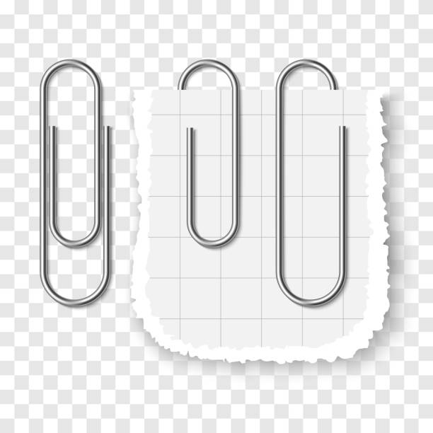 zestaw srebrnego metalicznego realistycznego spinacza do papieru na przezroczystym tle. - stationary document business paper clip stock illustrations