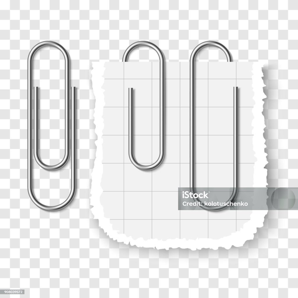 Set of silver metallic realistic paper clip on transparent background. Set of silver metallic realistic paper clip on transparent background. Three paperclips with soft shadow- Template for your design Paper Clip stock vector