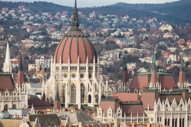 Photo of Close up of Hungarian Parliament Building taken  from dome terrace of St. Stephen's Basilica in BudaPest, Hungary