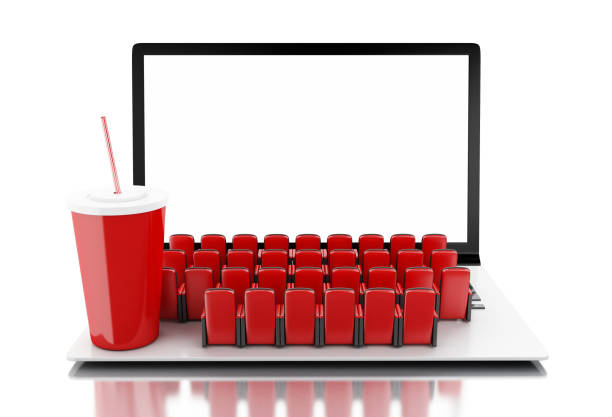 istock 3d Laptop with blank screen and rows of cinema seats. 908041780