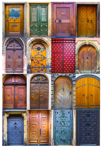 Collage of medieval front doors at Prague, Czech Republic
