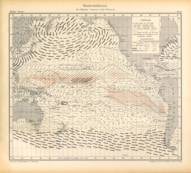 styczeń i luty wind patterns and conditions chart, ocean spokojny, niemiecki antyczny wiktoriański grawerowanie, 1896 - tide stock illustrations