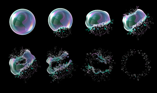 Vector 3d soap transparent bubble stages of the explosion. Water spheres, realistic balls, soapy balloons, soapsuds. Glossy foam aqua, realistic bright abstract illustration.