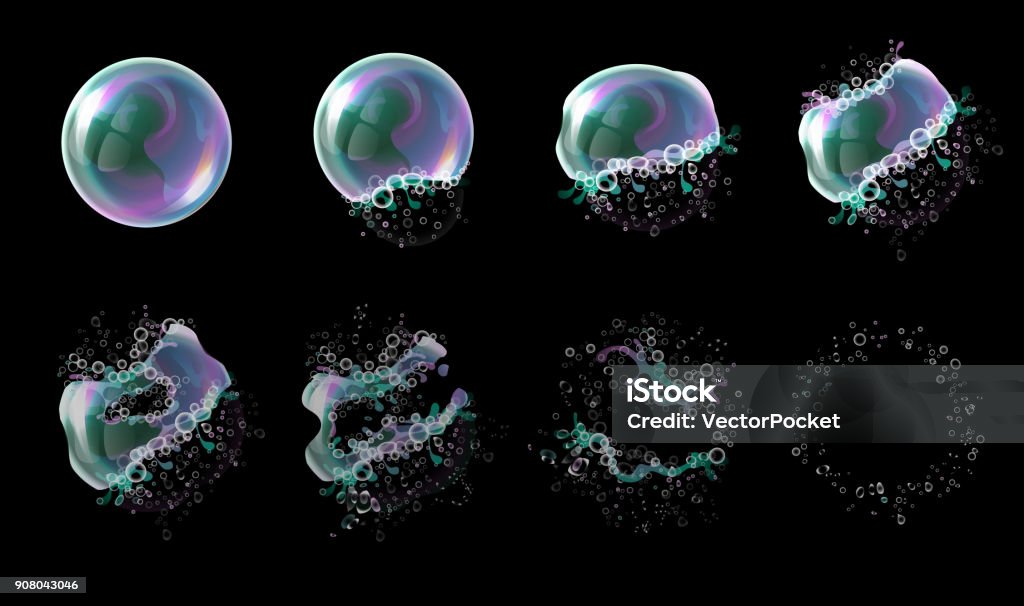 Vector 3d soap transparent bubble stages of the explosion. Water spheres, realistic balls, soapy balloons, soapsuds. Vector 3d soap transparent bubble stages of the explosion. Water spheres, realistic balls, soapy balloons, soapsuds. Glossy foam aqua, realistic bright abstract illustration. Exploding stock illustration