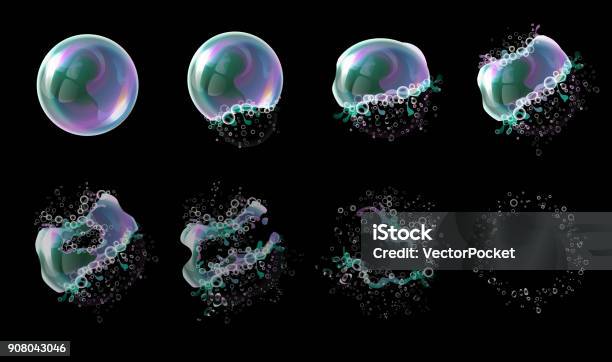 Vector 3d Soap Transparent Bubble Stages Of The Explosion Water Spheres Realistic Balls Soapy Balloons Soapsuds Stock Illustration - Download Image Now