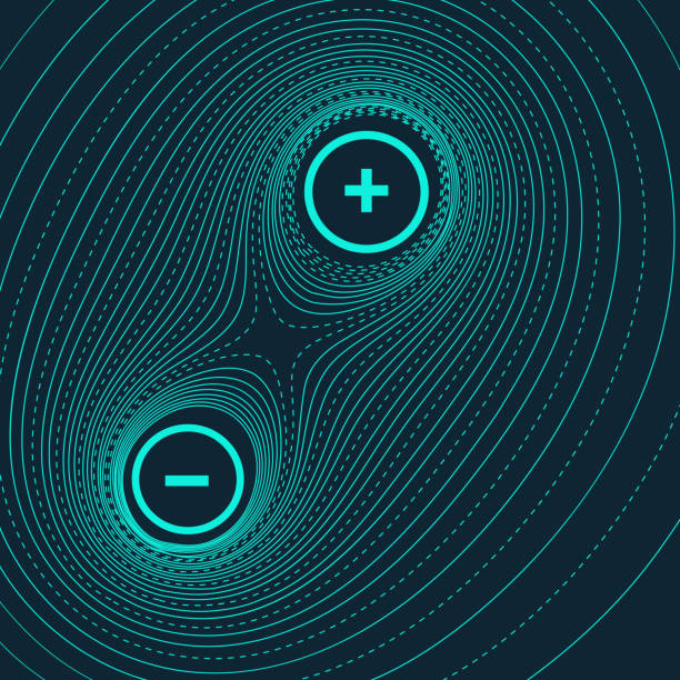 Magnetic field Vector abstract illustration with topographic lines of two charged particles interacting. Magnetic field between two atoms. magnetic field stock illustrations