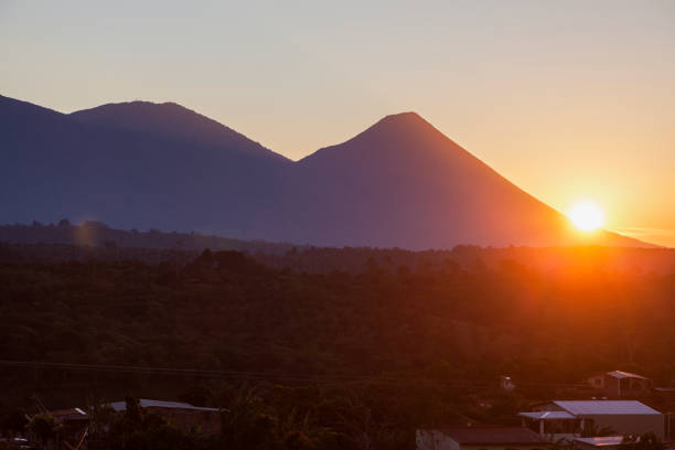 Volcanoes of Cerro Verde National Park seen from Juayua. Juayua, Sonsonate , El Salvador.