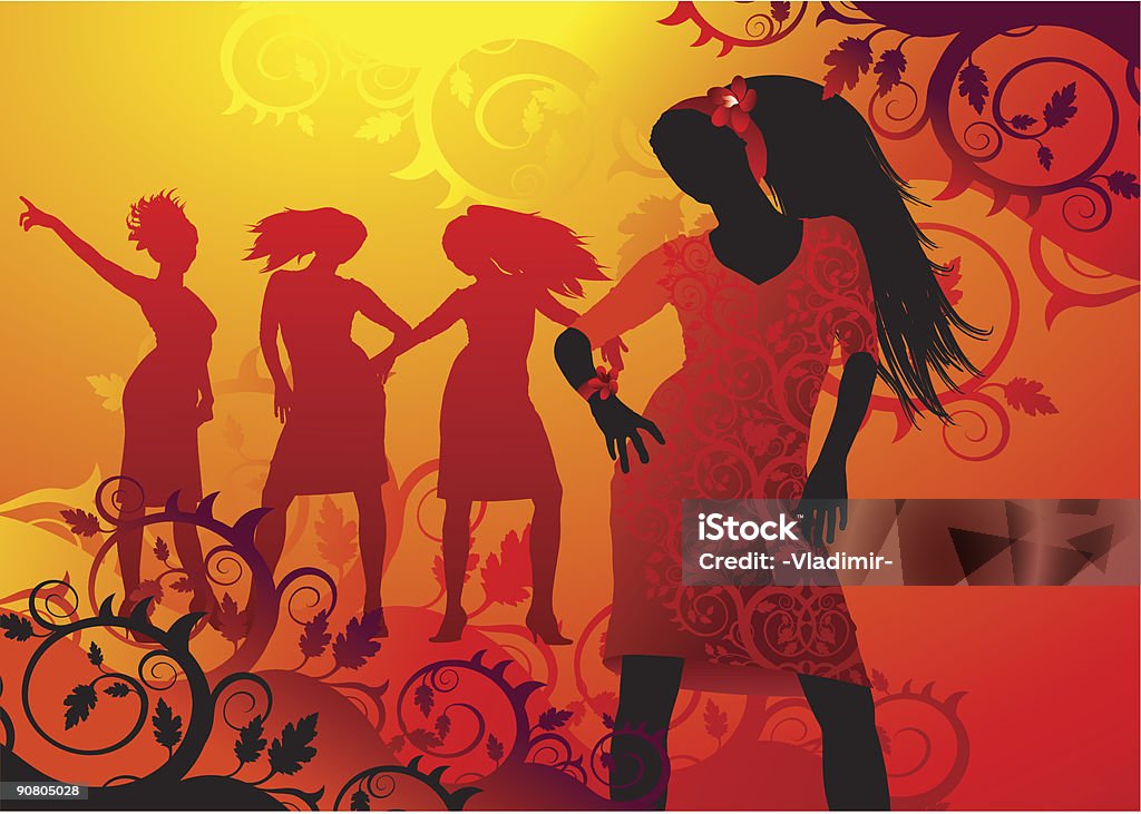 De moda glamour Niñas bailando sobre fondo de flores (vector - arte vectorial de Adulto libre de derechos