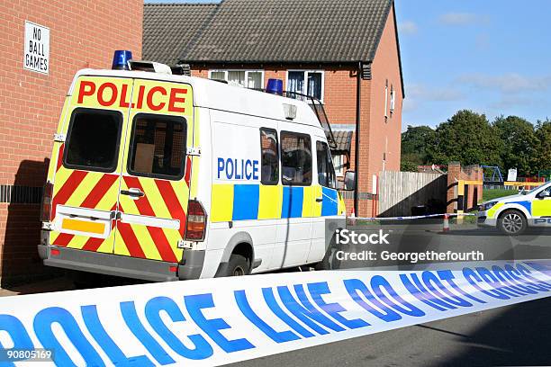 Closeup Of Crime Scene Tape With View Of Police Van Stock Photo - Download Image Now