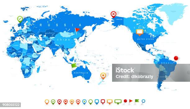 World Map Blue And Icons Asia In Center Stock Illustration - Download Image Now - Japan, Midsection, Vector