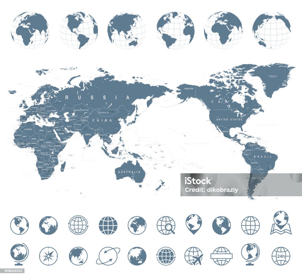 World Map Gray - Asia in Center World Map Gray - Asia in Center- vector Globe - Navigational Equipment stock vector