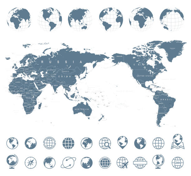 World Map Gray - Asia in Center World Map Gray - Asia in Center- vector mid section stock illustrations