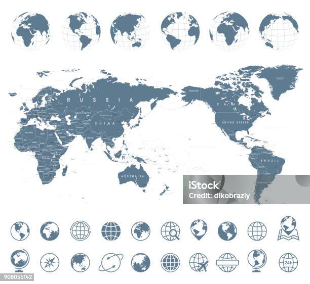 World Map Gray Asia In Center Stock Illustration - Download Image Now - Globe - Navigational Equipment, World Map, Map