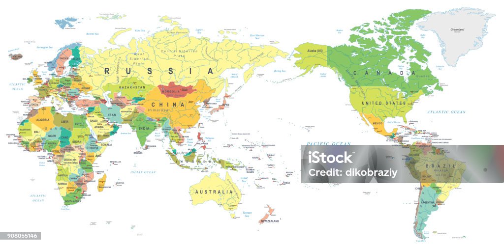 World Map Color - Asia in Center World Map Color - Asia in Center- vector China - East Asia stock vector