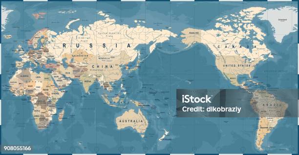 World Map Vintage Old Retro Asia In Center Stock Illustration - Download Image Now - World Map, Map, Old
