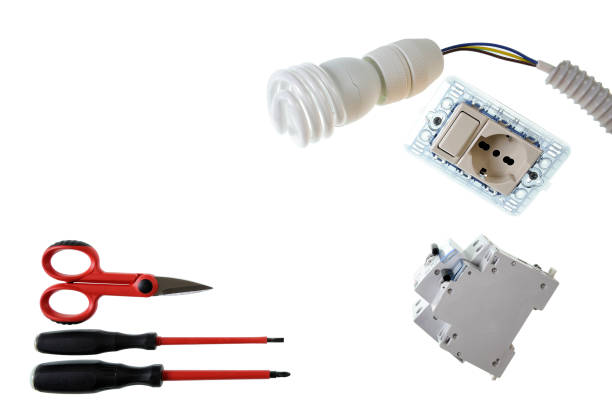istock Close up from above of work tools and components for electrical installations, isolated on white background 908066632