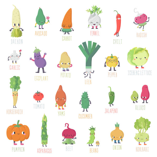 ilustrações de stock, clip art, desenhos animados e ícones de cute cartoon live vegetables big vector big set. - food sweet potato yam vegetable