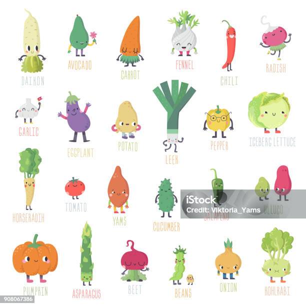 Cute Cartoon Live Vegetables Big Vector Big Set Stock Illustration - Download Image Now - Characters, Vegetable, Fruit
