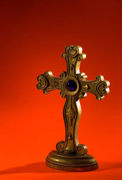 istock Golden cross on red/orange background 90806851