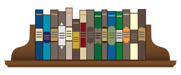 Books on a Shelf A row of books on a wooden shelf held in place by bookends organized bookshelf stock illustrations