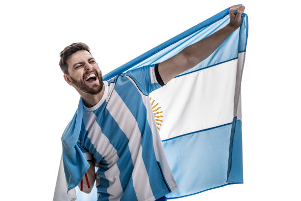 istock Argentinian male athlete / fan celebrating on white background 908080554