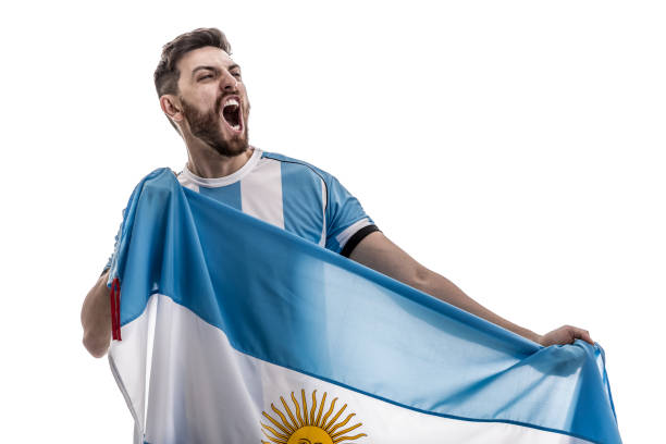 istock Argentinian male athlete / fan celebrating on white background 908080572