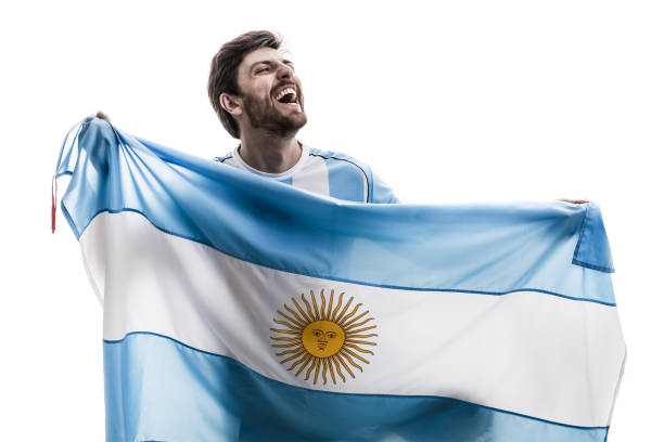 argentinian male athlete / fan celebrating on white background - fan sport football male imagens e fotografias de stock