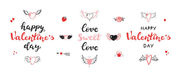 Happy Valentine's day. Love sweet love. Vector Set of Calligraphy lettering and Love Symbols for Valentine greeting cards. Hearts with Wings, Strawberry, Cupid's Arrows, Princess crown, rose flower Happy Valentine's day. Love sweet love. Vector Set of Calligraphy lettering and Love Symbols for Valentine greeting cards. Hearts with Wings, Strawberry, Cupid's Arrows, Princess crown, rose flower couple tattoo quotes stock illustrations